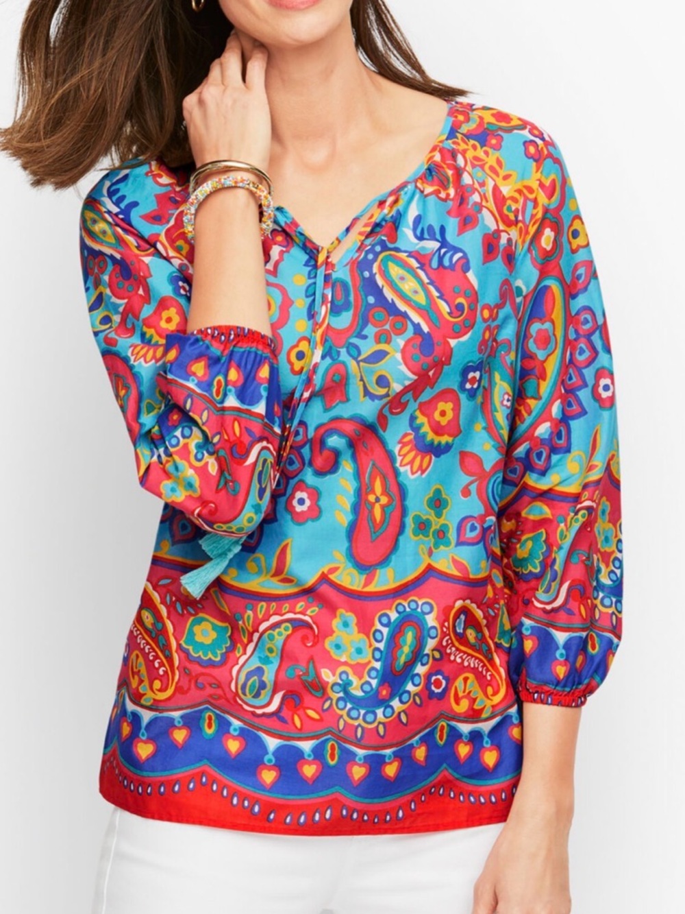 Talbots NWT Fiesta Paisley Tassel Popover XL 3/4 Sleeves Cotton Blouse